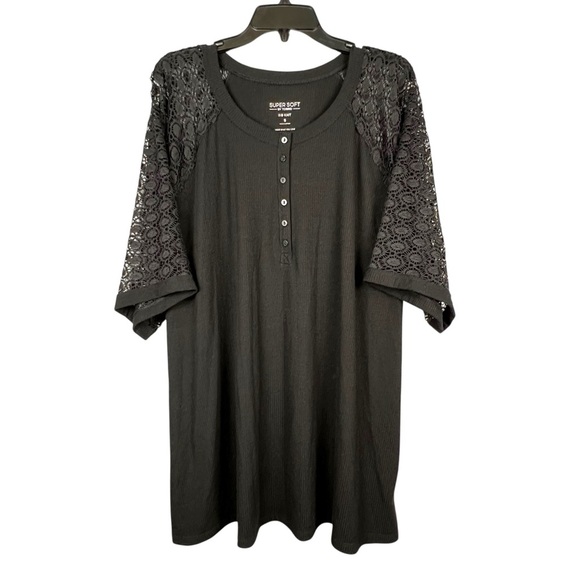 Black Ribbed Lace Raglan Tee Plus Size 5X (28) Super Soft Whimsigoth Henley Top - Picture 2 of 10